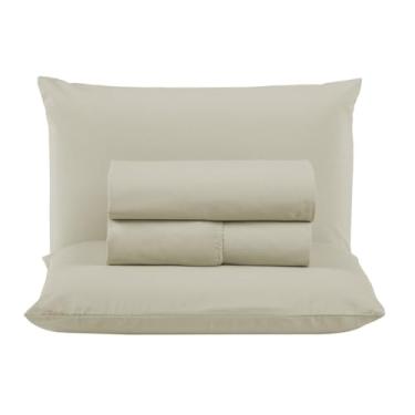 Imagem de Jogo de Lençol Queen 300 Fios Percal 100% Algodão Extra Macio 4 Peças Conjunto com Elástico Fronhas (Palha)