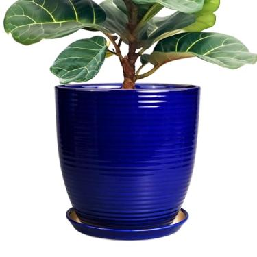 Imagem de EPFamily Vaso de cerâmica - Vaso de 30,5 cm para plantas, grande vaso de plantas de interior com orifício de drenagem e pires, vaso redondo canelado, para plantas ao ar livre, vaso de flores para