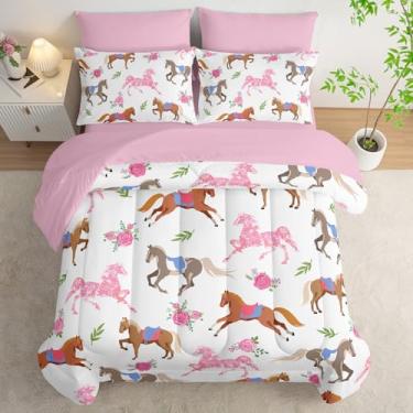 Imagem de HOSIMA Conjunto de edredom casal casal com cavalo rosa rosa e princesa, 7 peças, lençol de casal com lindos lençóis para decoração estética de quarto, cama kawaii de pônei colorido em uma bolsa com 4