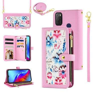 Imagem de Furiet Capa carteira floral para TCL 20E 20Y TLC 6125F com alça de pulso alça de ombro flip bolsa com zíper, capa de telefone de couro PU de luxo com suporte para cartão de identificação de crédito