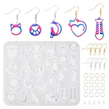 Imagem de KISSITTY Kit de molde de resina de brinco, 1 molde de silicone com pingente de gato com 40 peças de ganchos de brinco de latão, 40 peças de anéis de salto de ferro, 50 peças de porcas de orelha para