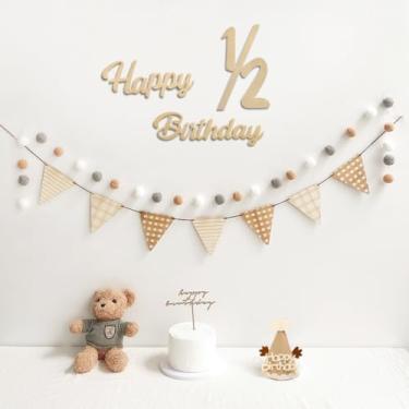 Imagem de Banner Happy 1/2 Birthday Flâmula de tecido de feltro pré-amarrado bandeiras e guirlanda de pompom, chapéu de festa para decorações de meio aniversário, placa de feliz aniversário reutilizável para