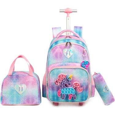 Imagem de Egchescebo Mochila Escolar Infantil com Rodinhas para Menina e Crianças Rodas Bolsa Mala Carrinho 17” 3PCS Lancheira Juvenil Estojo Costas Divertidamente Toy Brinquedos de Unicórnio Rosa