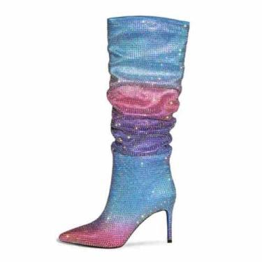 Imagem de UNWRBD Botas longas de 6 cm de cor gradiente arco-íris com strass bico fino plissado cano médio feminino salto alto, Azul, US7.5 EU40
