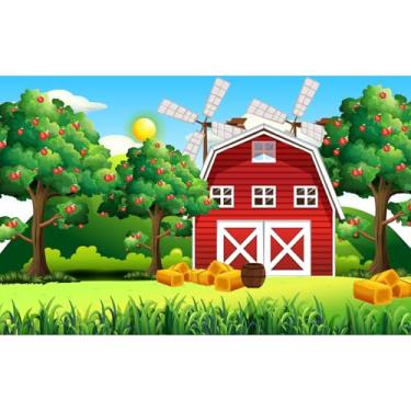 Imagem de Fundo de celeiro vermelho fazenda celeiro vermelho moinho de vento palheiro, macieiras, casa de fazenda, tema de animais de fazenda, decoração de pano de fundo, prado, aniversário, festa, bolo, mesa,