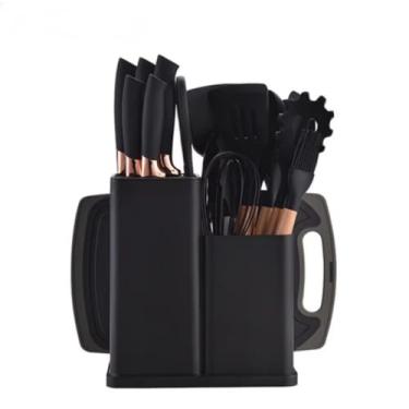 Imagem de Conjunto de utensílios de cozinha de silicone de grau alimentício, colher de cozinha, pá, tábua de corte, faca de frutas, faca de chef, conjunto de combinação (preto)