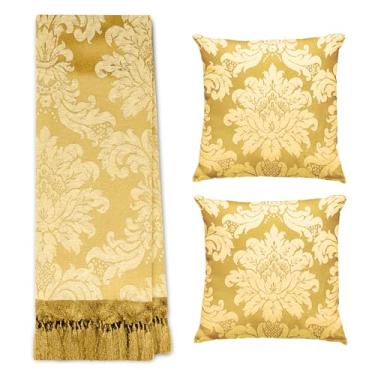 Imagem de Jogo Manta Xale para Sofá Artesanal com Franjas 1,40 x 1,80 com 2 Capas de almofadas (02 DOURADO E OFF WHITE)