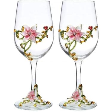 Imagem de Simcat Taças de vinho esmaltadas pintadas à mão com flores transparentes, haste para cabernet, presentes (caixa de presente rosa dupla, 2 caixas de presente)