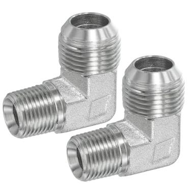 Imagem de PATIKIL Adaptador de tubo de 90 graus, 2 peças macho 37° Flare JIC x 1/5.1 cm BSPT conector macho aço carbono encaixe de cotovelo para ar fluido hidráulico combustível água óleo, prata