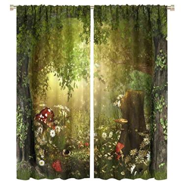 Imagem de Cortinas Dream Forest Lindas e Encantadoras Conto de Fadas Floresta Exuberante Terra Cogumelo Flores Adequado para Cozinha Blackout Cortinas de Janela Decoração 2 Painéis Verde 140 x 160 cm