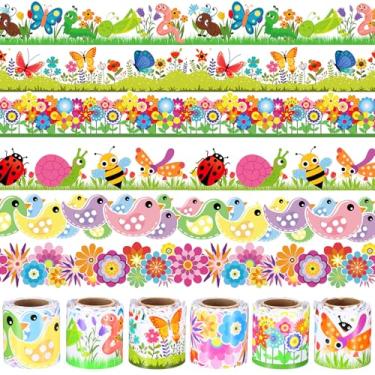 Imagem de Seajan 6 peças 60 m vibrante primavera quadro de avisos bordas cortadas borda sala de aula boletim impresso dois lados decoração de sala de aula para escrivaninha escola, 10 m por rolo