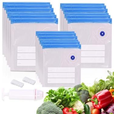 Imagem de NexlevVac 21 sacos de 3 tamanhos para sous vide, saco selador a vácuo com zíper para alimentos, sacos de vedação a vácuo reutilizáveis com bomba manual e clipes de vedação para cozimento sous vide,