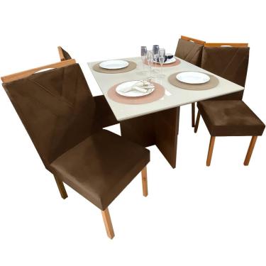 Imagem de Mesa de Jantar Helo 90x90cm em Veludo com 4 Cadeiras California Poliman Cor Off White com Assento Marrom