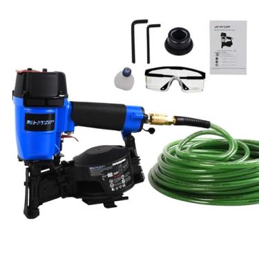 Imagem de BHTOP CN45N Pregador de telhado com mangueira de ar de 30 m, pistola de pregos de telhado de 15 graus, pregos de bobina de 3/10 a 3/10 polegadas, pregos de bobina de capacidade de carga de 120 peças