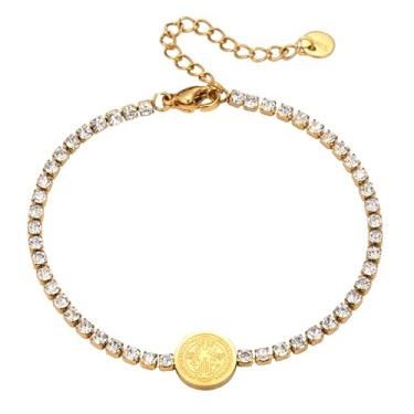 Imagem de HELLOWIN Pulseira feminina de strass com sementes de cristal de São Bento, Medium, Aço inoxidável, Sem Pedra Preciosa