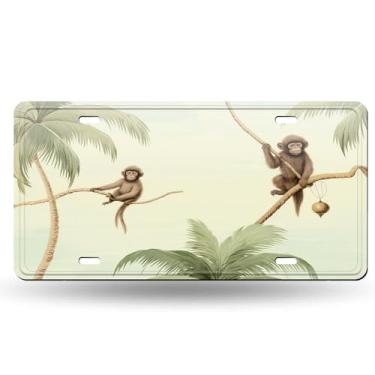 Imagem de Lindo macaco de desenho animado na palmeira pendurado ramo de fruta banana em branco capa de placa de licença - etiqueta artística de alumínio para carro, à prova de ferrugem, design exclusivo