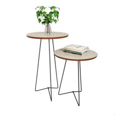 Imagem de Mesa Lateral Redonda Para Sala De Estar Com Pernas Pretas(Off-White/Freijó)