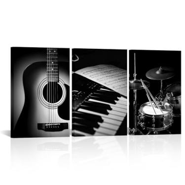 Imagem de PoGoXiPoYo 3 peças de arte de parede de música preto e branco impressões em tela guitarra teclado conjunto de bateria pintura moderna arte para decoração 40 x 61 cm x 7 cm