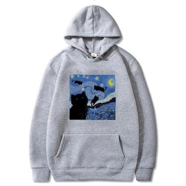 Imagem de Moletom Com Capuz De Lã Grande Masculino Estrelado Gato Noite Estampa 