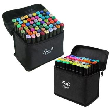 Imagem de Caneta Canetinha 60 Cores Marcador Permanente Kit 2 unidades Estojo Caneta Ponta Dupla Bolsa com Alça Escola Faculdade Curso Cartaz Arte Desenho