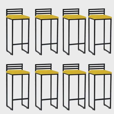 Imagem de Kit 08 Banqueta Alta Com Encosto Núria Balcão Bar Cozinha Bistrô Ferro Preto Corino Amarelo - Ahz Móveis