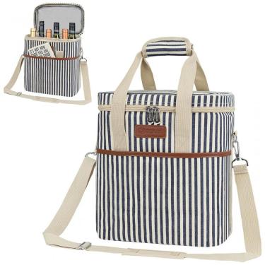 Imagem de Bolsa Térmica Para Transporte de Vinhos OPUX até 6 Garrafas, Branco Listrado