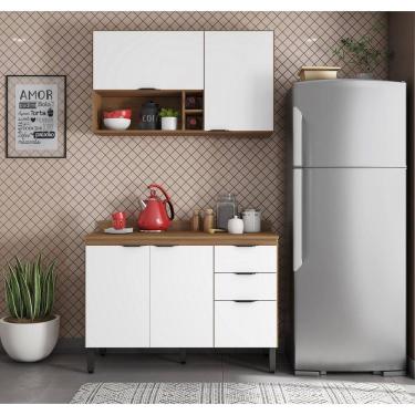 Imagem de Balcão Firenze 120m com Tampo MDP e Armário Suspenso 2 Portas e Nicho porta Temperos e Garrafas - Amêndola Touch/Branco Demóbile 