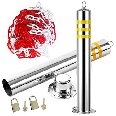 Imagem de CUTPOIY Barreira de entrada de garagem de metal sólido 2 postes de amarração de estacionamento removíveis Marcadores refletivos de estrada com corrente de plástico de 5 m (650 x 76 mm) (800 x 89 mm)