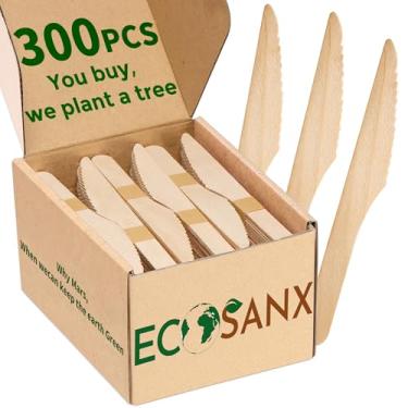 Imagem de 300 peças de facas descartáveis de madeira para comer, facas compostáveis sem lascas - Ecológicas - Faca de madeira 100% natural para festas e eventos - Talheres de madeira descartáveis para