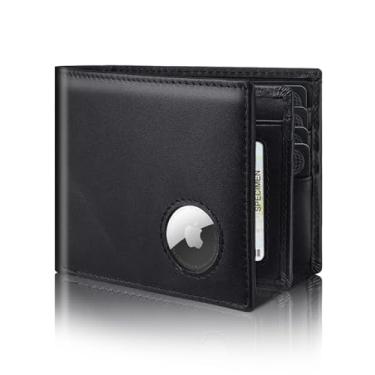 Imagem de Carteira masculina com suporte para AirTag, carteira de couro legítimo com bloqueio de RFID com 14 compartimentos para cartão, janela para identidade e 2 bolsos para dinheiro (AirTag não incluído