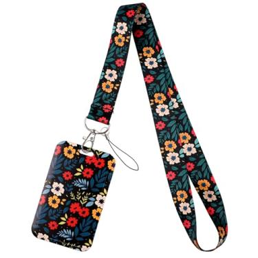 Imagem de Cordão floral vermelho e amarelo para crachá de identificação de plástico rígido para cartões de chaveiro, chaveiro de trabalho para mulheres, homens