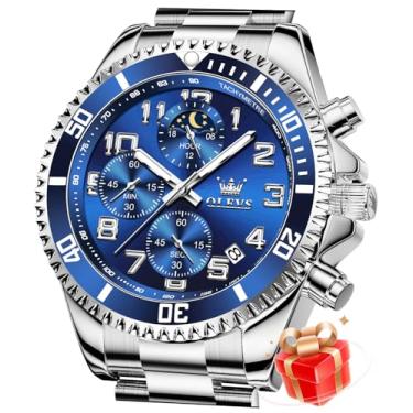 Imagem de OLEVS Relógio masculino de aço inoxidável, mostrador grande, casual, relógio de pulso, analógico, dia, data, à prova d'água, luminoso, G2926: pulseira prata e mostrador azul, Presente de luxo