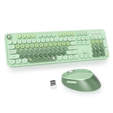 Imagem de iRoboosta Conjunto de teclado e mouse sem fio colorido verde, teclado de máquina de escrever fofo de 2,4 GHz com teclas redondas, tamanho completo com teclado numérico, teclados estéticos para casa e