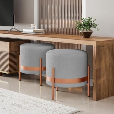 Imagem de KIT 2 Puff STEEL Redondo Tecido Bouclé Cor Cinza Base Metal Rosê Gold