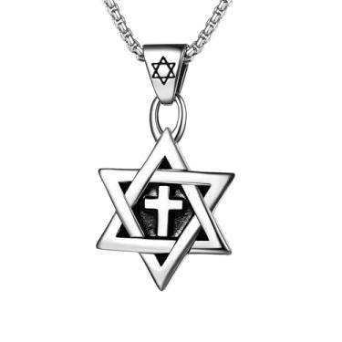 Imagem de Rofusn Colar de estrela de Davi para homens e mulheres: pingente de cruz religiosa de aço inoxidável joia judaica, Aço inoxidável, Sem Pedra Preciosa
