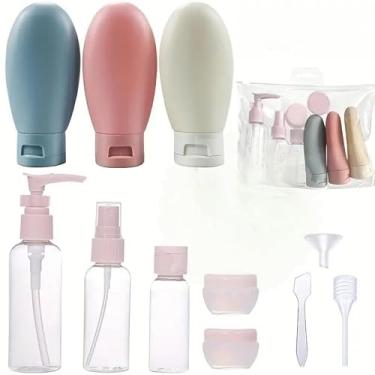 Imagem de Kit 11 Peças Frascos de Viagem Plástico para Shampoo, Loção e Spray - Cosméticos Recarregáveis Anti-Vazamento | Conjunto BPA Free para Viagem/Ginástica (4 Cores)