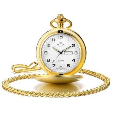 Imagem de BOSHIYA Relógios de bolso masculinos de quartzo suave, clássico, árabe, digital, luminoso, mostrador e data, relógio de bolso com corrente, presentes de aniversário de formatura de Natal, Ouro liso