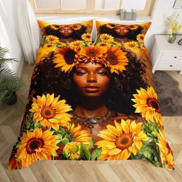 Imagem de Conjunto de capa de edredom de mulher africana americana, tamanho Queen, linda capa de edredom para decoração de quarto de crianças, adolescentes e adultos, conjunto de cama de girassol 3D, 3 peças
