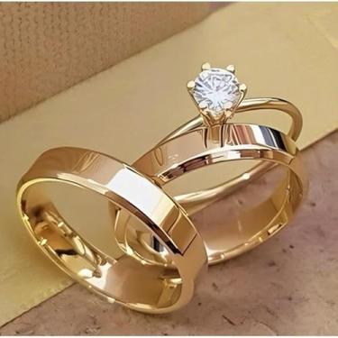 Imagem de Par Aliança e Anel Solitário 4MM Noivado Casamento compromisso 100% em moeda cor de ouro 18k (30/31)