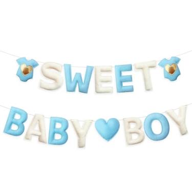 Imagem de Decorações de chá de bebê azul pré-amarrado feito à mão feltro doce bebê menino roupas de bebê faixa de coração para menino bem-vindo festa berçário casa lareira manto decoração de quarto