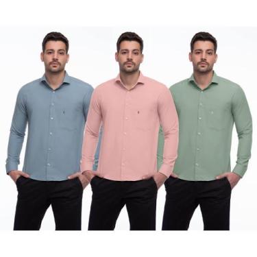 Imagem de Camisa Social Masculina Manga Longa Botões Lisa Kit 3 Branco/Rosa M - 