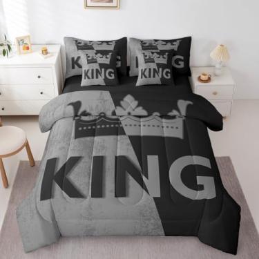 Imagem de Erosebridal Conjunto de edredom de 7 peças King Crown para cama casal, vintage, preto e cinza, conjunto de cama romântico para o Dia dos Namorados para mulheres, presentes de casal para ele e ela