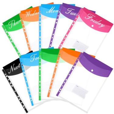 Imagem de Sayglossy 10 pacotes semanais de plástico para fichário de volta às aulas 11 furos pastas expansíveis A4 bolso para fichário de letras de anel 2/3/4 com botão de pressão multicolorido para escritório