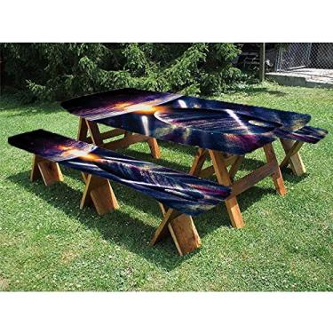 Imagem de Galaxy Toalha de mesa para piquenique e assentos de banco, tema da lua com planeta Terra e luz solar no espaço sideral, impressão artística mágica Stardust, perfeita para festas ao ar livre, 71 x 182