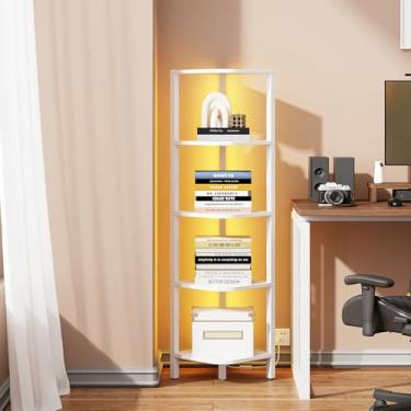 Imagem de TUTOTAK Prateleira de canto com luz LED, estante de canto de 5 camadas para espaço pequeno, suporte de prateleira de canto estreito com rack de armazenamento, para sala de estar, quarto, branco