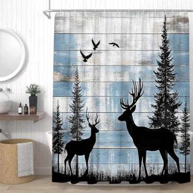 Imagem de YSSFAV Cortina de chuveiro rústica para cabana de veado fazenda campo floresta vintage madeira azul tábua de madeira caça acampamento decoração de banheiro conjunto com ganchos, 177,8 cm L x 177,8 cm