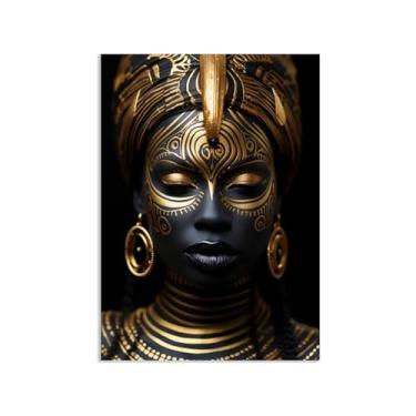 Imagem de SDYJ6GSW Pôster de impressão em tela de mulher dourada africana pintura de retrato arte de mulher negra decoração de parede para sala de estar mural 42 x 30 cm (17 x 12 pol) pôster