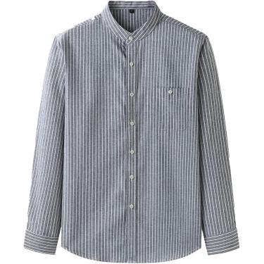 Imagem de Camisa Masculina Plus Size - Camisa Listrada De Colarinho Masculino Camisa Clássica Solta De Negócios Manga Longa Bolsos Laterais Soltos Camisa Social Impressa De Algodão Ele, Grey, M