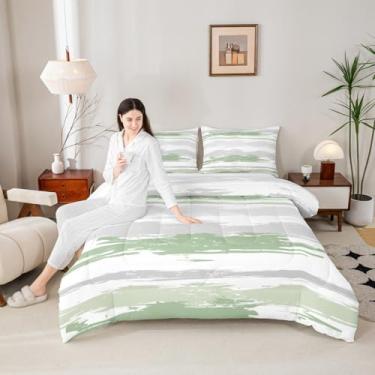 Imagem de Erosebridal Conjunto de edredom verde abstrato, tamanho king, moderno, branco, cinza, listrado, para meninos, adolescentes, geométrico, estético, pintura a óleo, edredom minimalista, simples, aquarela