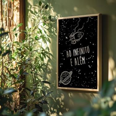 Imagem de Quadro Decorativo Ao Infinito e Além Com Moldura Frase Espacial Planeta Estrelas Céu Preto Arte Infantil Criativa Moderna Parede